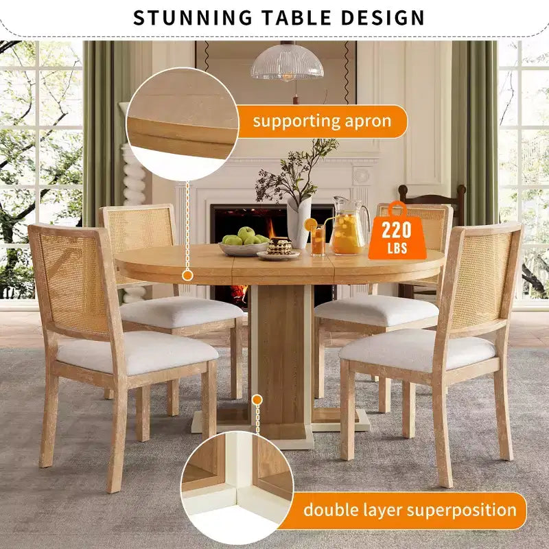 Clihome Extendable Dining Table with a 16-inch Middle Leaf, 42''-58'' Oval Dining Table for 6, Retro Solid Wood Round Dining Table with Double Layer