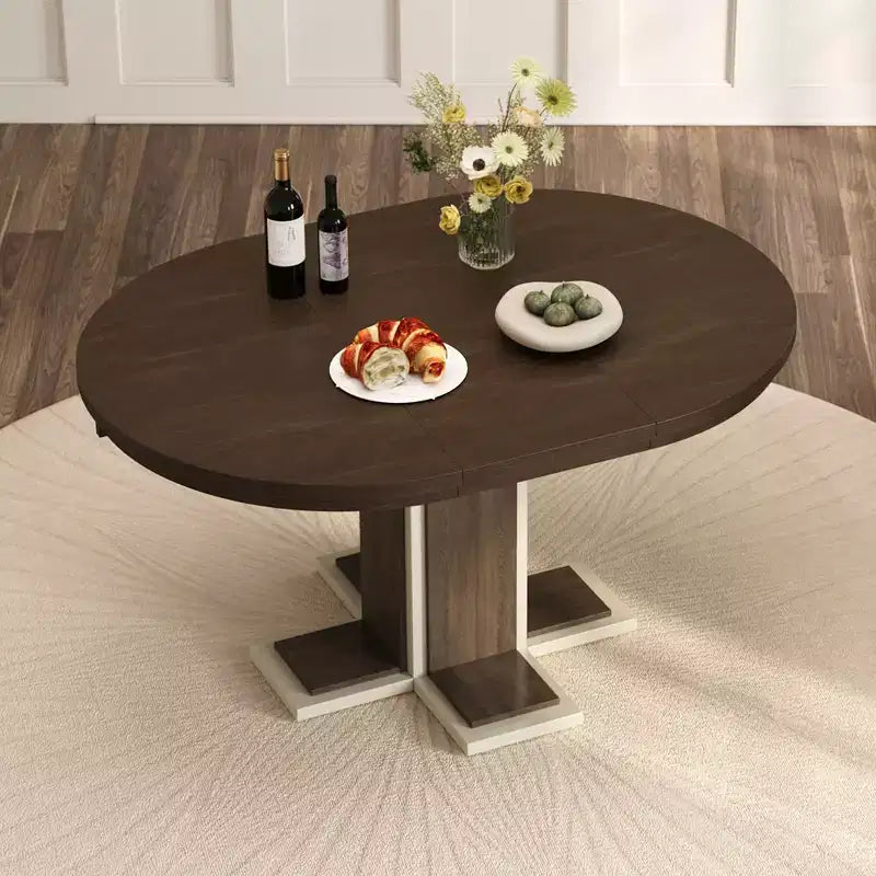 Clihome Extendable Dining Table with a 16-inch Middle Leaf, 42''-58'' Oval Dining Table for 6, Retro Solid Wood Round Dining Table with Double Layer