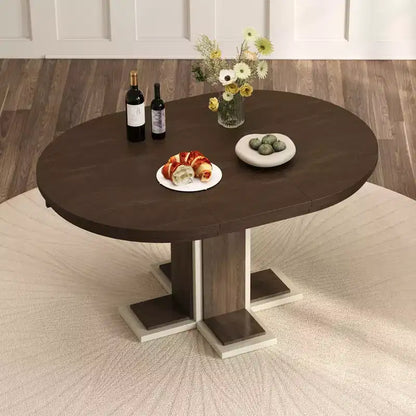 Clihome Extendable Dining Table with a 16-inch Middle Leaf, 42''-58'' Oval Dining Table for 6, Retro Solid Wood Round Dining Table with Double Layer