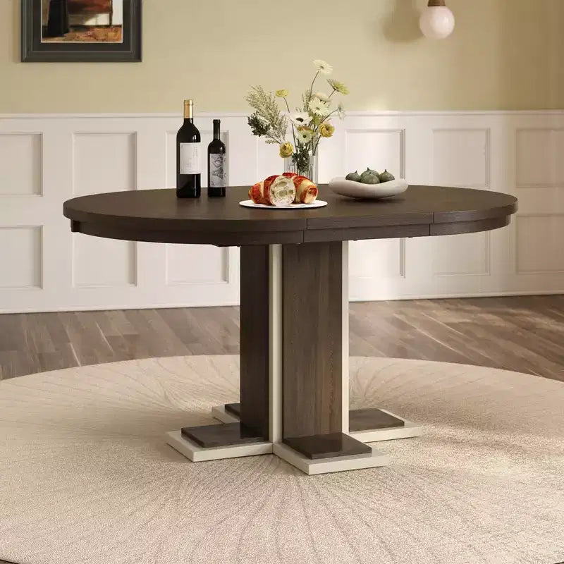 Clihome Extendable Dining Table with a 16-inch Middle Leaf, 42''-58'' Oval Dining Table for 6, Retro Solid Wood Round Dining Table with Double Layer