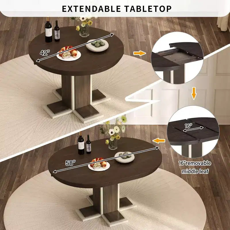Clihome Extendable Dining Table with a 16-inch Middle Leaf, 42''-58'' Oval Dining Table for 6, Retro Solid Wood Round Dining Table with Double Layer