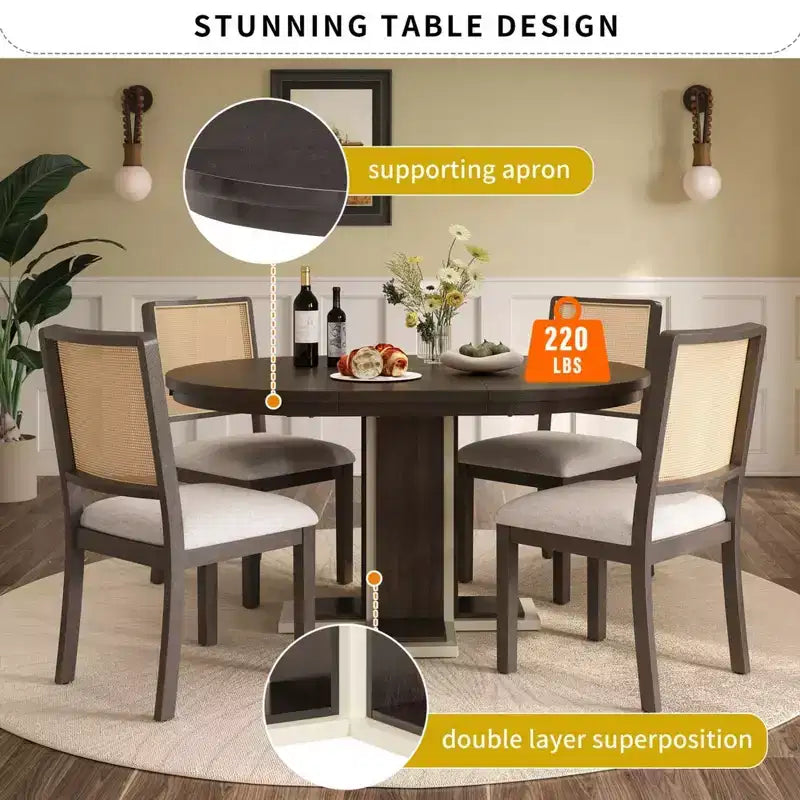 Clihome Extendable Dining Table with a 16-inch Middle Leaf, 42''-58'' Oval Dining Table for 6, Retro Solid Wood Round Dining Table with Double Layer
