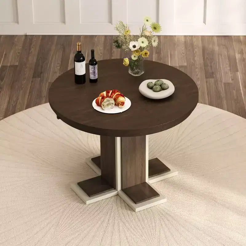 Clihome Extendable Dining Table with a 16-inch Middle Leaf, 42''-58'' Oval Dining Table for 6, Retro Solid Wood Round Dining Table with Double Layer