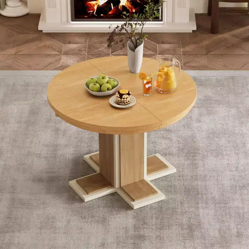 Clihome Extendable Dining Table with a 16-inch Middle Leaf, 42''-58'' Oval Dining Table for 6, Retro Solid Wood Round Dining Table with Double Layer