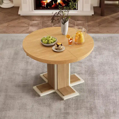Clihome Extendable Dining Table with a 16-inch Middle Leaf, 42''-58'' Oval Dining Table for 6, Retro Solid Wood Round Dining Table with Double Layer