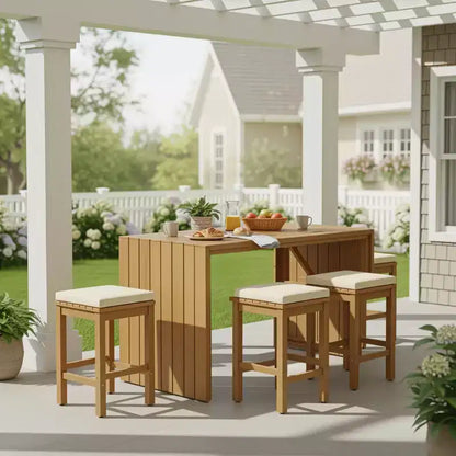 CLIHOME 5 Piece Outdoor Bar Set, Patio Acacia Wood Bar Height Table & Four Stools with Cushions, Wood Dining Bar Set