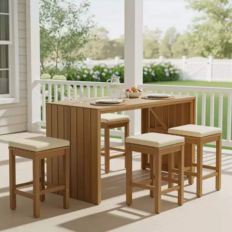 CLIHOME 5 Piece Outdoor Bar Set, Patio Acacia Wood Bar Height Table & Four Stools with Cushions, Wood Dining Bar Set