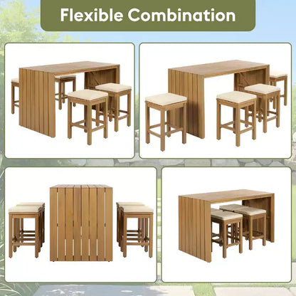 CLIHOME 5 Piece Outdoor Bar Set, Patio Acacia Wood Bar Height Table & Four Stools with Cushions, Wood Dining Bar Set