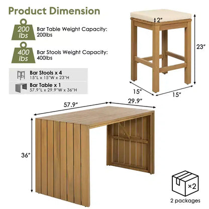 CLIHOME 5 Piece Outdoor Bar Set, Patio Acacia Wood Bar Height Table & Four Stools with Cushions, Wood Dining Bar Set