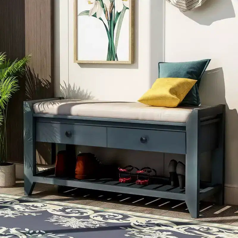 Panca porta scarpe in legno massello TUYOHW con 2 cassetti e cuscino, organizer multiuso per ingresso con base a griglia, blu navy anticato