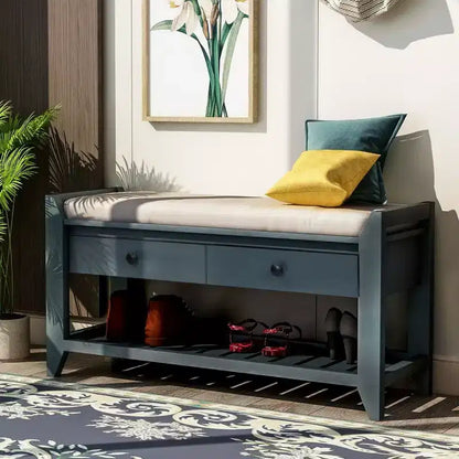 Panca porta scarpe in legno massello TUYOHW con 2 cassetti e cuscino, organizer multiuso per ingresso con base a griglia, blu navy anticato