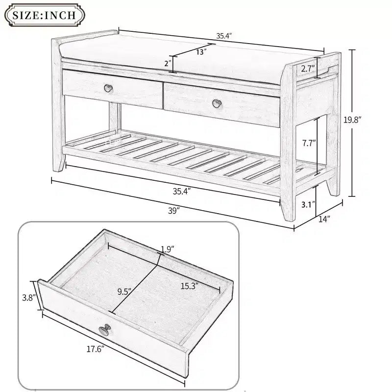 Panca porta scarpe in legno massello TUYOHW con 2 cassetti e cuscino, organizer multiuso per ingresso con base a griglia, blu navy anticato
