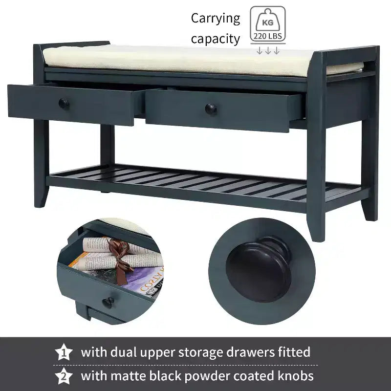Panca porta scarpe in legno massello TUYOHW con 2 cassetti e cuscino, organizer multiuso per ingresso con base a griglia, blu navy anticato