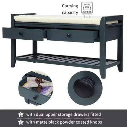 Panca porta scarpe in legno massello TUYOHW con 2 cassetti e cuscino, organizer multiuso per ingresso con base a griglia, blu navy anticato