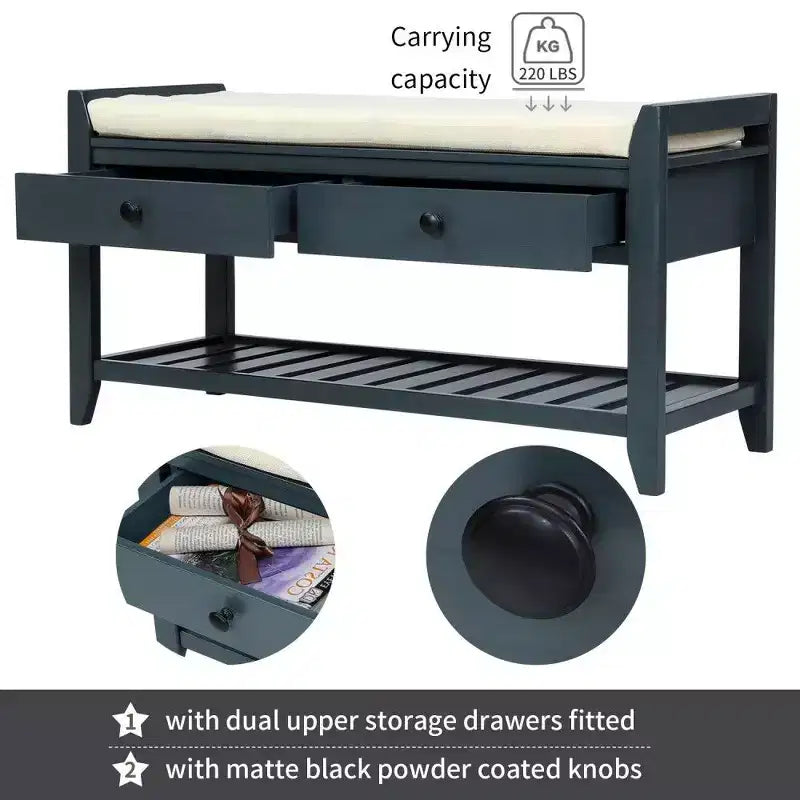 Panca porta scarpe in legno massello TUYOHW con 2 cassetti e cuscino, organizer multiuso per ingresso con base a griglia, blu navy anticato
