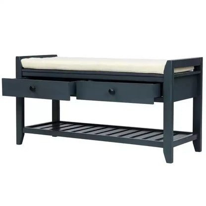 Panca porta scarpe in legno massello TUYOHW con 2 cassetti e cuscino, organizer multiuso per ingresso con base a griglia, blu navy anticato