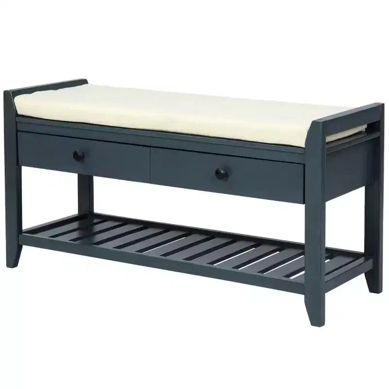 Panca porta scarpe in legno massello TUYOHW con 2 cassetti e cuscino, organizer multiuso per ingresso con base a griglia, blu navy anticato