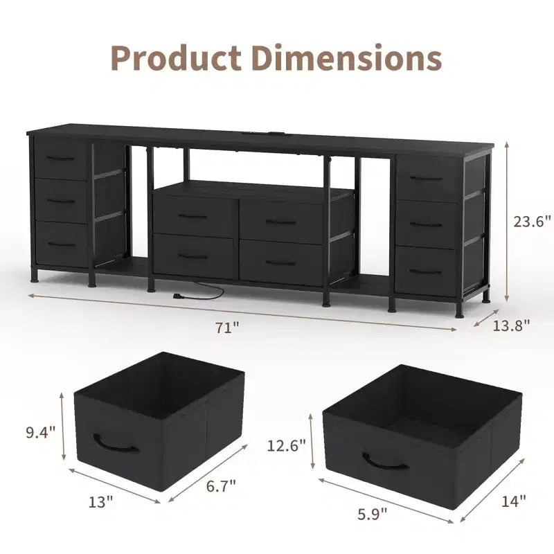 10 Drawer Dresser, TV Stand with Fabric Drawers for 75 70 65 Inch TV, TV Console Table, Entertainment Center with Open Storage Shelves for Bedroom