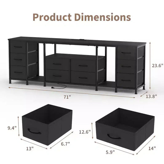 10 Drawer Dresser, TV Stand with Fabric Drawers for 75 70 65 Inch TV, TV Console Table, Entertainment Center with Open Storage Shelves for Bedroom
