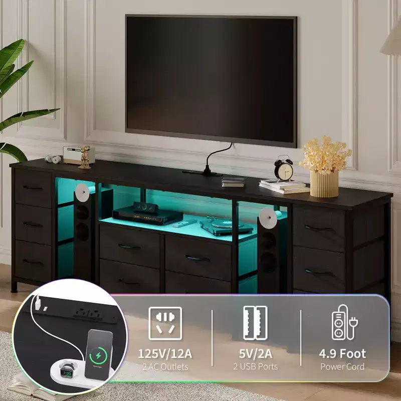 10 Drawer Dresser, TV Stand with Fabric Drawers for 75 70 65 Inch TV, TV Console Table, Entertainment Center with Open Storage Shelves for Bedroom
