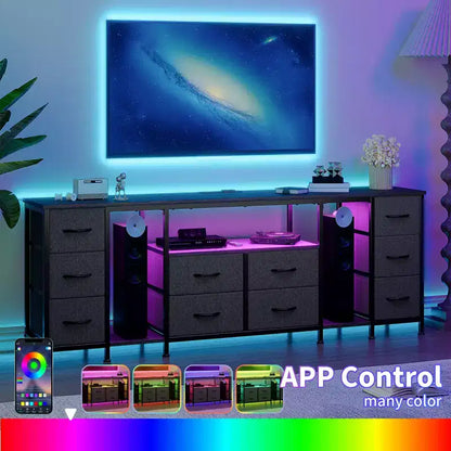 10 Drawer Dresser, TV Stand with Fabric Drawers for 75 70 65 Inch TV, TV Console Table, Entertainment Center with Open Storage Shelves for Bedroom