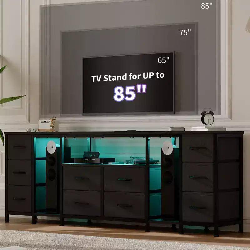 10 Drawer Dresser, TV Stand with Fabric Drawers for 75 70 65 Inch TV, TV Console Table, Entertainment Center with Open Storage Shelves for Bedroom