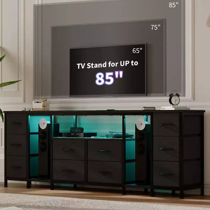 10 Drawer Dresser, TV Stand with Fabric Drawers for 75 70 65 Inch TV, TV Console Table, Entertainment Center with Open Storage Shelves for Bedroom