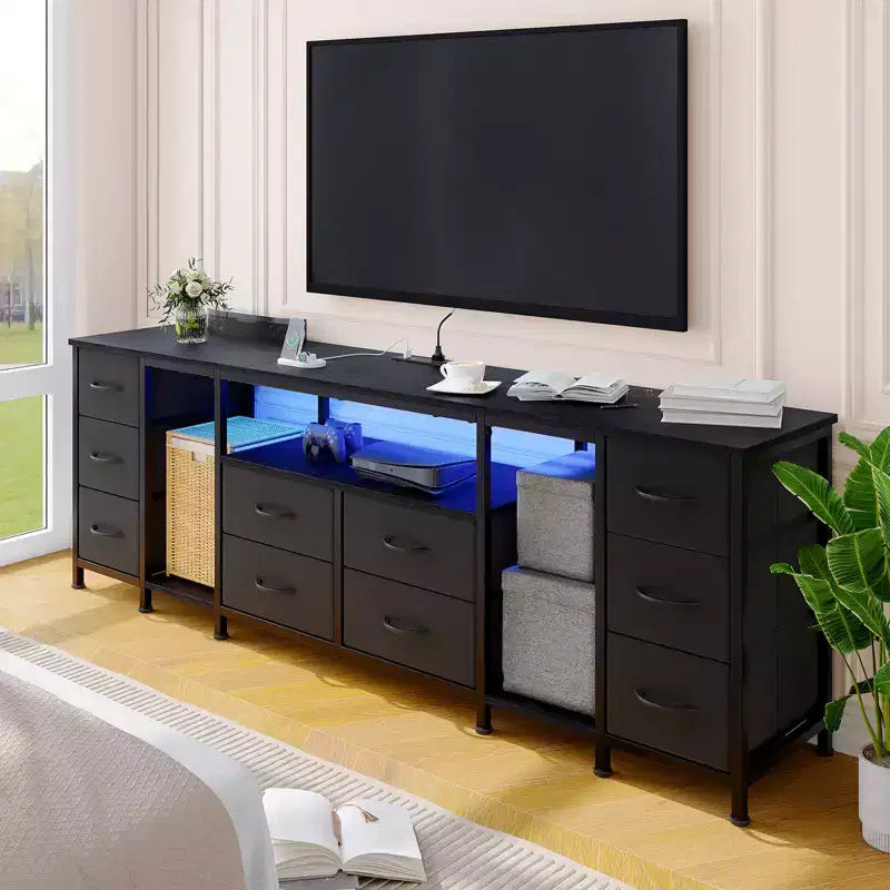 10 Drawer Dresser, TV Stand with Fabric Drawers for 75 70 65 Inch TV, TV Console Table, Entertainment Center with Open Storage Shelves for Bedroom