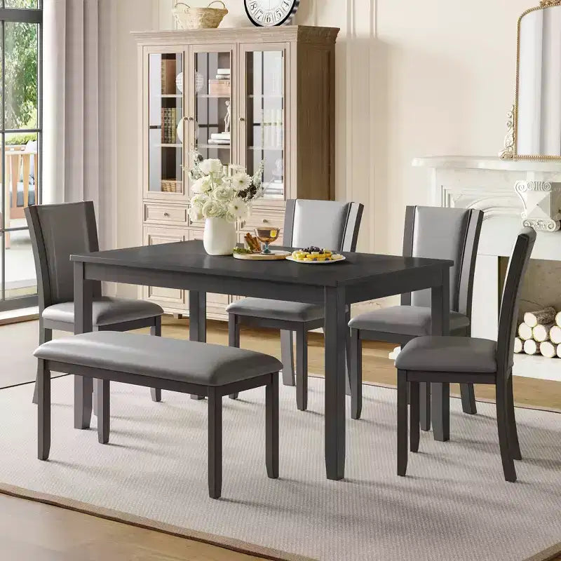 MAYEERTY Set Tavolo da Pranzo Moderno 6 Pezzi, Tavolo in Legno con 4 Sedie e Panchina, Grigio