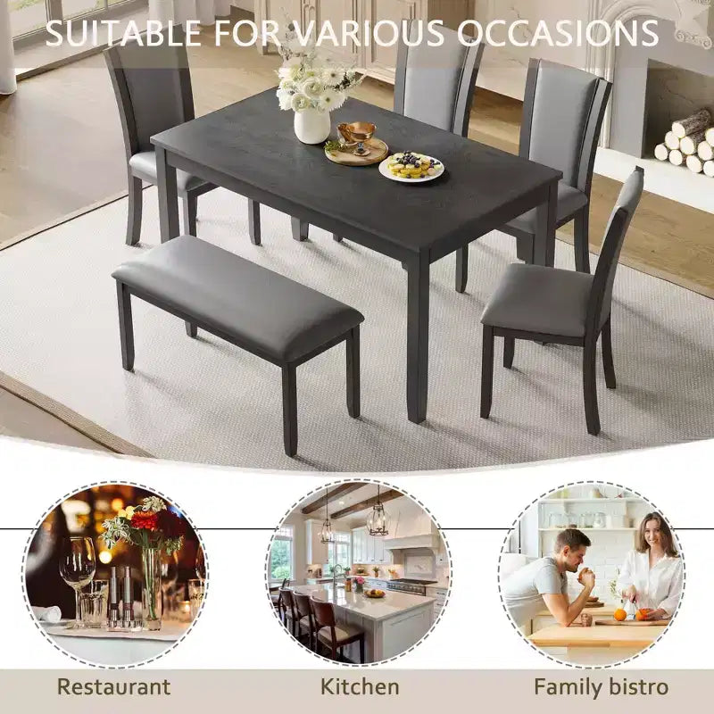 MAYEERTY Set Tavolo da Pranzo Moderno 6 Pezzi, Tavolo in Legno con 4 Sedie e Panchina, Grigio
