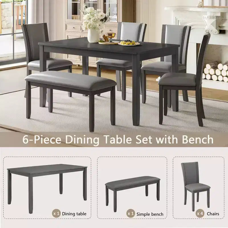MAYEERTY Set Tavolo da Pranzo Moderno 6 Pezzi, Tavolo in Legno con 4 Sedie e Panchina, Grigio