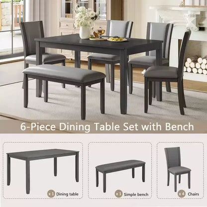 MAYEERTY Set Tavolo da Pranzo Moderno 6 Pezzi, Tavolo in Legno con 4 Sedie e Panchina, Grigio