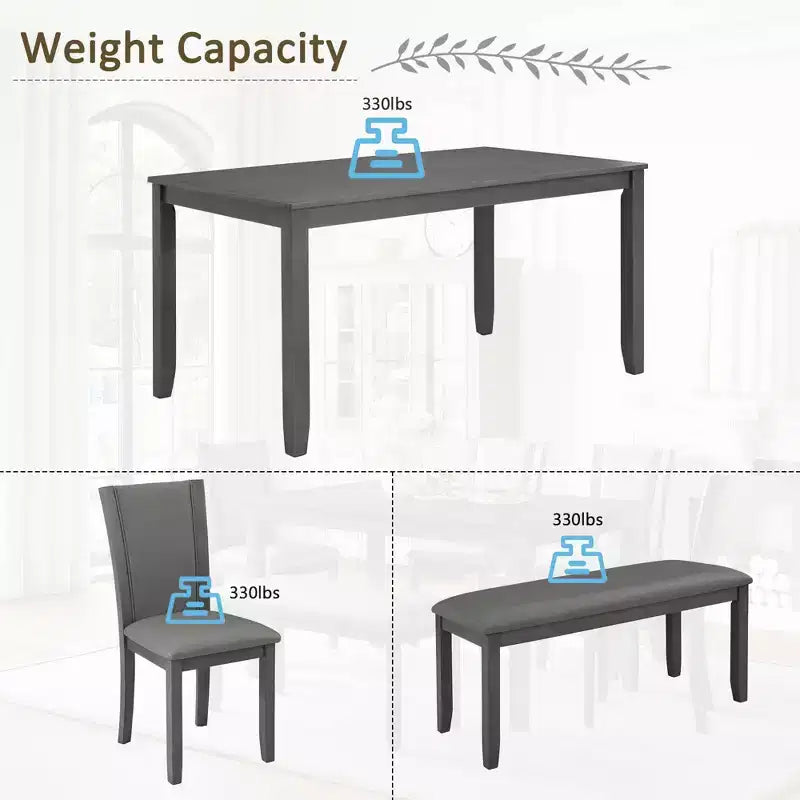 MAYEERTY Set Tavolo da Pranzo Moderno 6 Pezzi, Tavolo in Legno con 4 Sedie e Panchina, Grigio