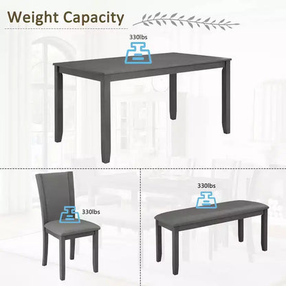 MAYEERTY Set Tavolo da Pranzo Moderno 6 Pezzi, Tavolo in Legno con 4 Sedie e Panchina, Grigio