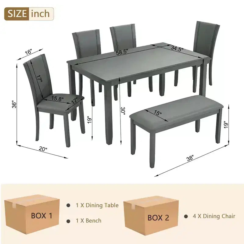 MAYEERTY Set Tavolo da Pranzo Moderno 6 Pezzi, Tavolo in Legno con 4 Sedie e Panchina, Grigio