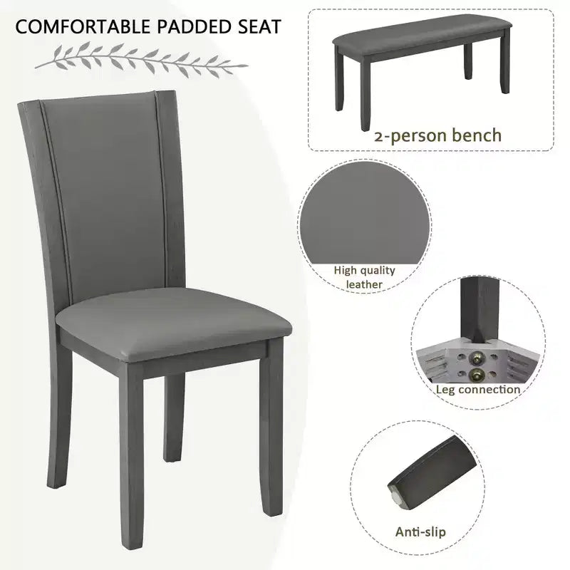 MAYEERTY Set Tavolo da Pranzo Moderno 6 Pezzi, Tavolo in Legno con 4 Sedie e Panchina, Grigio