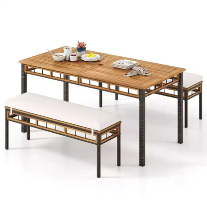 Costway Set da Pranzo per Esterni 3 Pezzi in Legno di Acacia con Foro per Ombrellone da 5 cm e Cuscini per Giardino Marrone Misto