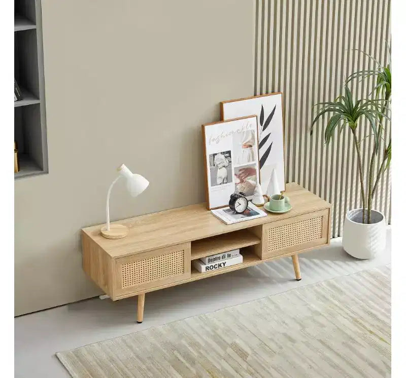 Solid Wood+MDF Rattan TV Cabinet, Double Sliding Doors, Adjustable Shelf, Solid Wood Legs