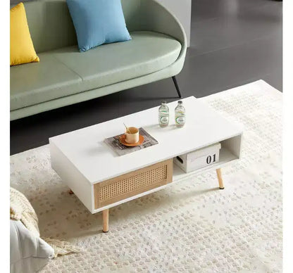 Solid Wood+MDF Rattan Coffee Table, Sliding Storage Door, Solid Wood Legs, Modern Style