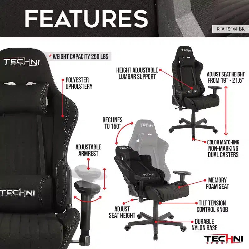 TUYOHW Sedia da Gaming Ergonomica Regolabile Girevole a 360° con Cuscino per Testa e Lombare, Sedia Reclinabile da 90-150 per Ufficio e Casa, Max 113 kg, Nera