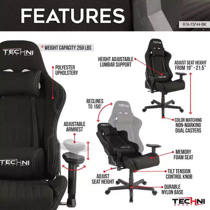 TUYOHW Sedia da Gaming Ergonomica Regolabile Girevole a 360° con Cuscino per Testa e Lombare, Sedia Reclinabile da 90-150 per Ufficio e Casa, Max 113 kg, Nera