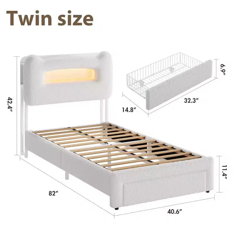 Upholstered LED Bed Frame, Platform Bed with Drawers and Storage Headboard for Kids/Girls/Boys, Heavy Duty Support, No Box Spring Needed
