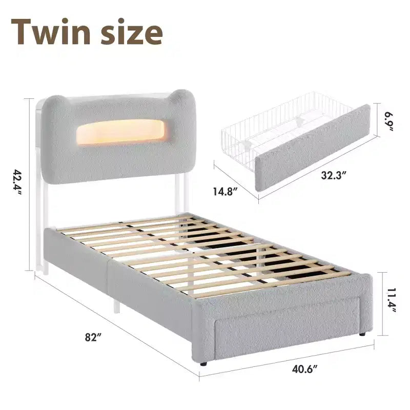 Upholstered LED Bed Frame, Platform Bed with Drawers and Storage Headboard for Kids/Girls/Boys, Heavy Duty Support, No Box Spring Needed