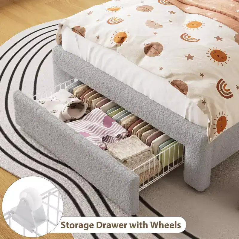 Upholstered LED Bed Frame, Platform Bed with Drawers and Storage Headboard for Kids/Girls/Boys, Heavy Duty Support, No Box Spring Needed