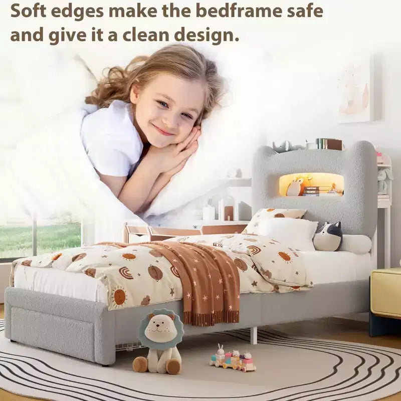 Upholstered LED Bed Frame, Platform Bed with Drawers and Storage Headboard for Kids/Girls/Boys, Heavy Duty Support, No Box Spring Needed