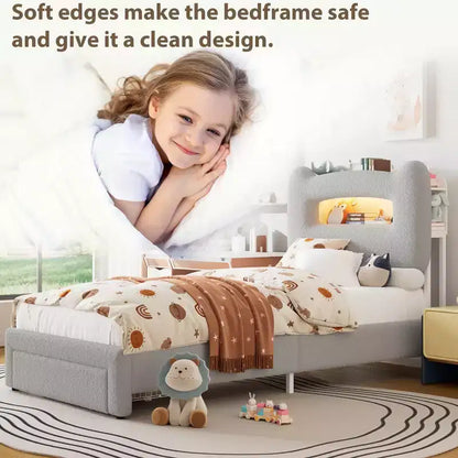 Upholstered LED Bed Frame, Platform Bed with Drawers and Storage Headboard for Kids/Girls/Boys, Heavy Duty Support, No Box Spring Needed