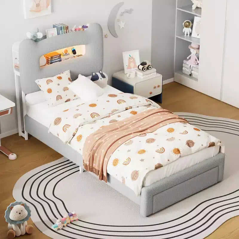 Upholstered LED Bed Frame, Platform Bed with Drawers and Storage Headboard for Kids/Girls/Boys, Heavy Duty Support, No Box Spring Needed