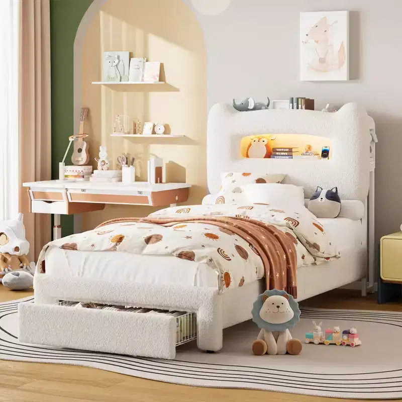 Upholstered LED Bed Frame, Platform Bed with Drawers and Storage Headboard for Kids/Girls/Boys, Heavy Duty Support, No Box Spring Needed