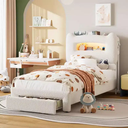 Upholstered LED Bed Frame, Platform Bed with Drawers and Storage Headboard for Kids/Girls/Boys, Heavy Duty Support, No Box Spring Needed