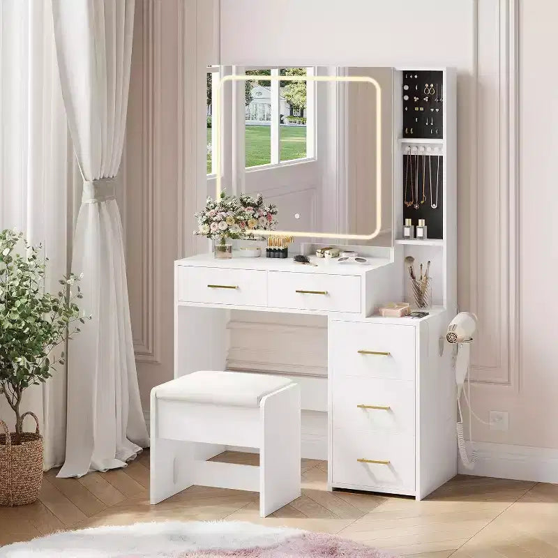 White Makeup Vanity Set with 5 Drawers, Stool and Jewelry Display, for Bedroom, Easy Assembly